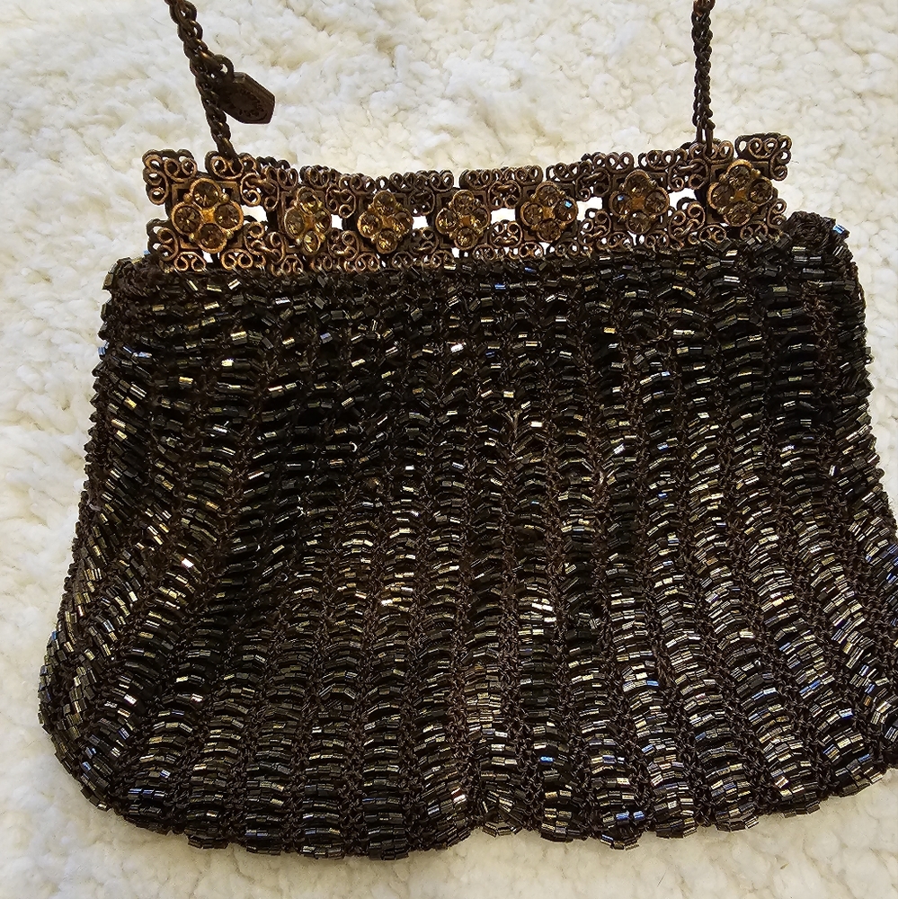 Clara Studio Inc. Evening Bag Purse Handbag Vintage Style Chain Beaded Brown